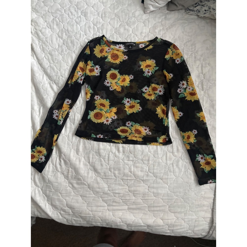 Originality Womens Black Mesh Sunflower Floral Sheer Long Sleeve Top Small USA